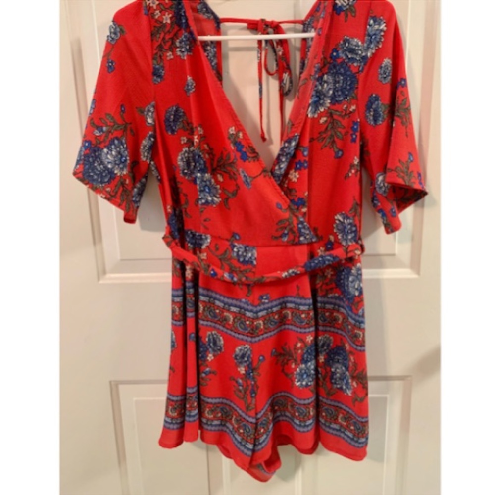 Coral/red floral romper worn once